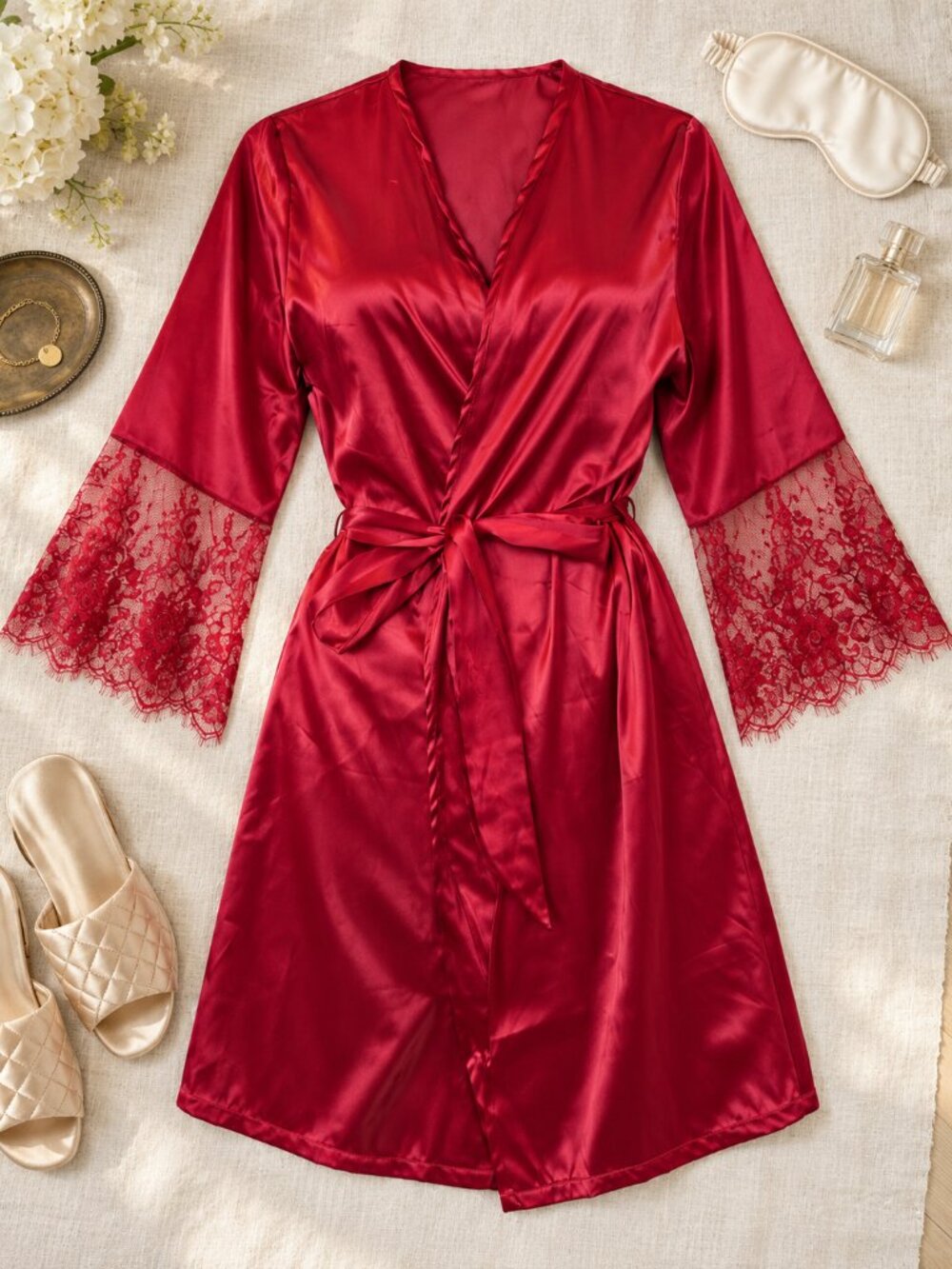 Coquette Satin Lace-Trim Robe - Red Small to Medium Sizing